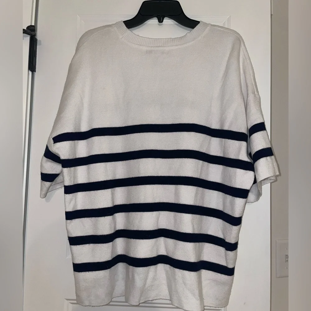 Cream Knit Sweater with Navy Stripes - Picture 2 of 4